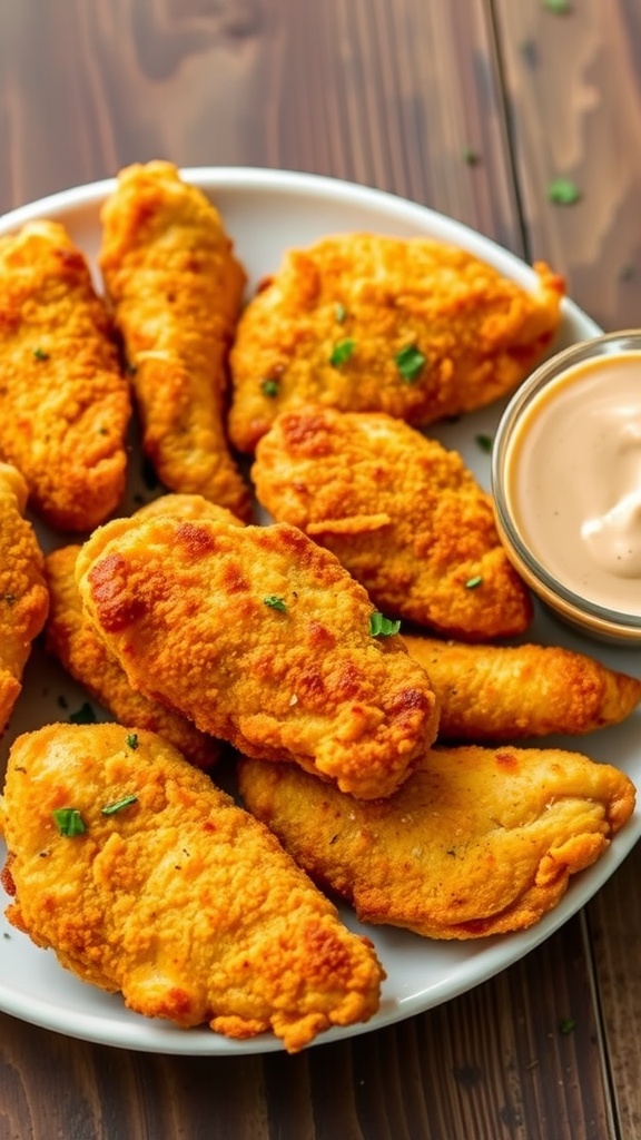Crispy air fryer chicken tenders on a plate with dipping sauce, garnished with herbs.